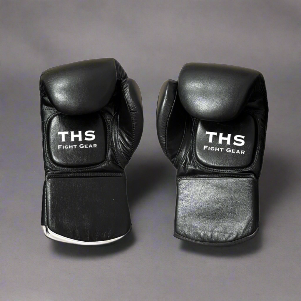 THS Fight Gear Focus Mitt Coaching Gloves Black Full Leather Front View