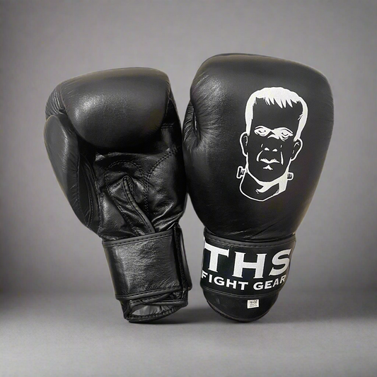 THS Fight Gear Muay Thai boxing gloves black full real leather modelled alternate view