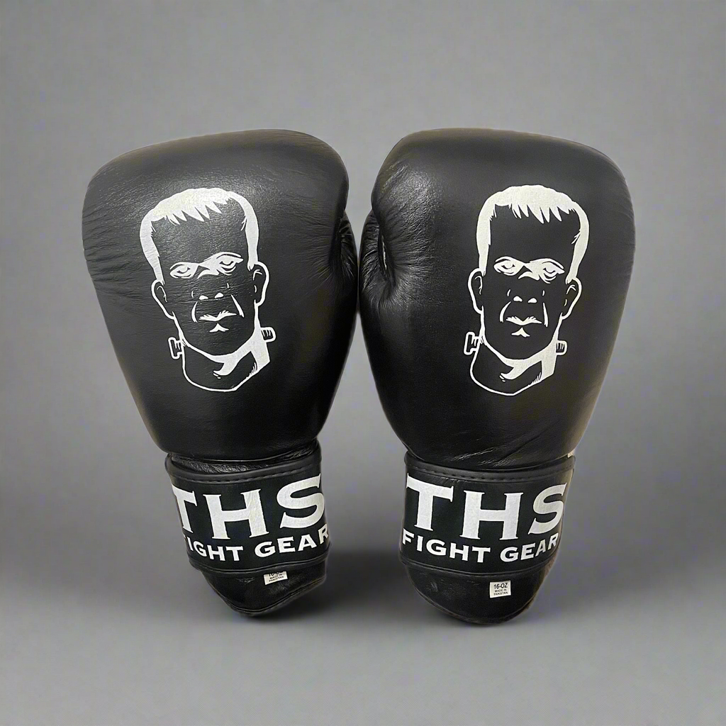 THS Fight Gear Muay Thai boxing gloves black full real leather modelled back view
