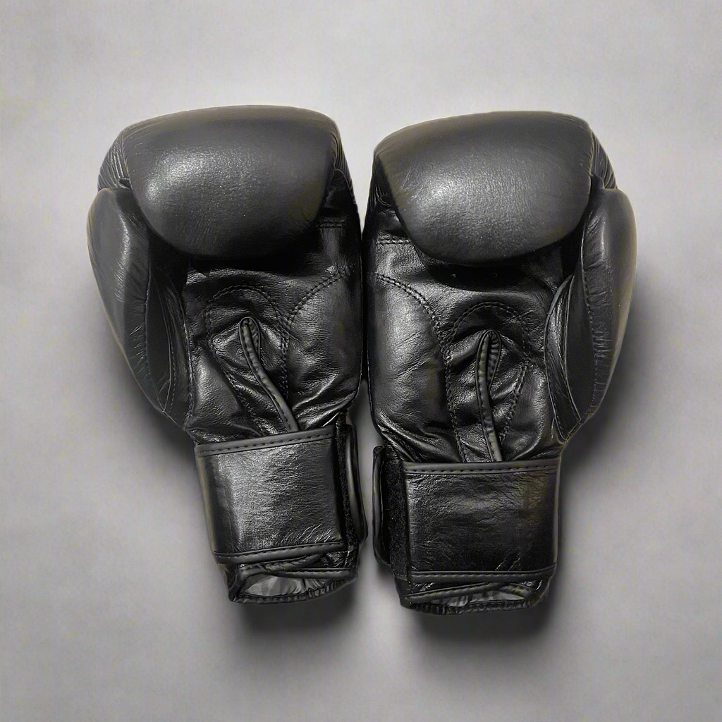 THS Fight Gear Muay Thai boxing gloves black full real leather front view