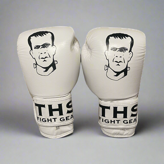 THS Fight Gear Muay Thai boxing gloves white real leather back view