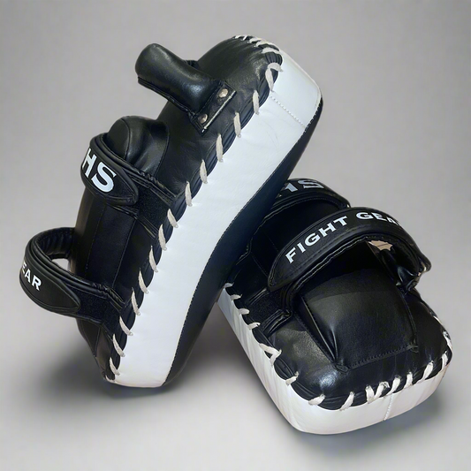 THS Fight Gear Thai kick pads with wrist cushion black full leather side duo view