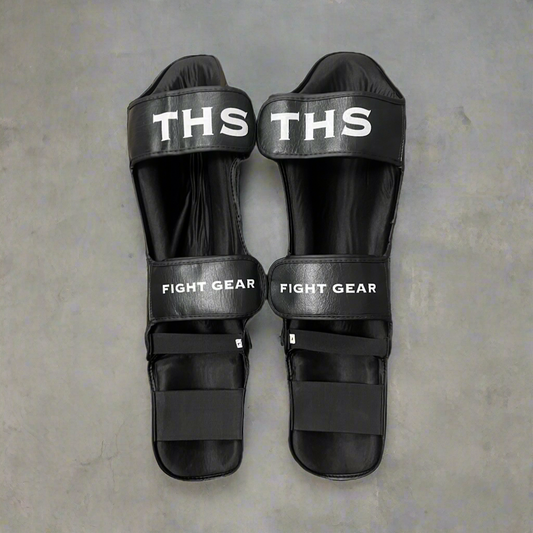 THS Fight Gear Muay Thai Shin Guards Black Full Real Leather Back View