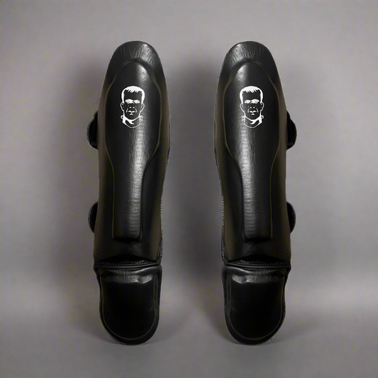 THS Fight Gear Muay Thai Shin Guards Black Full Real Leather Front View