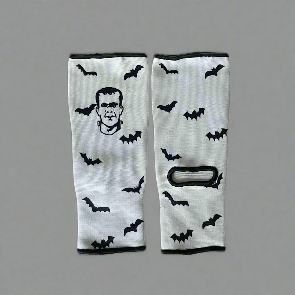THS Fight Gear Muay Thai ankle supports white with bats grey background