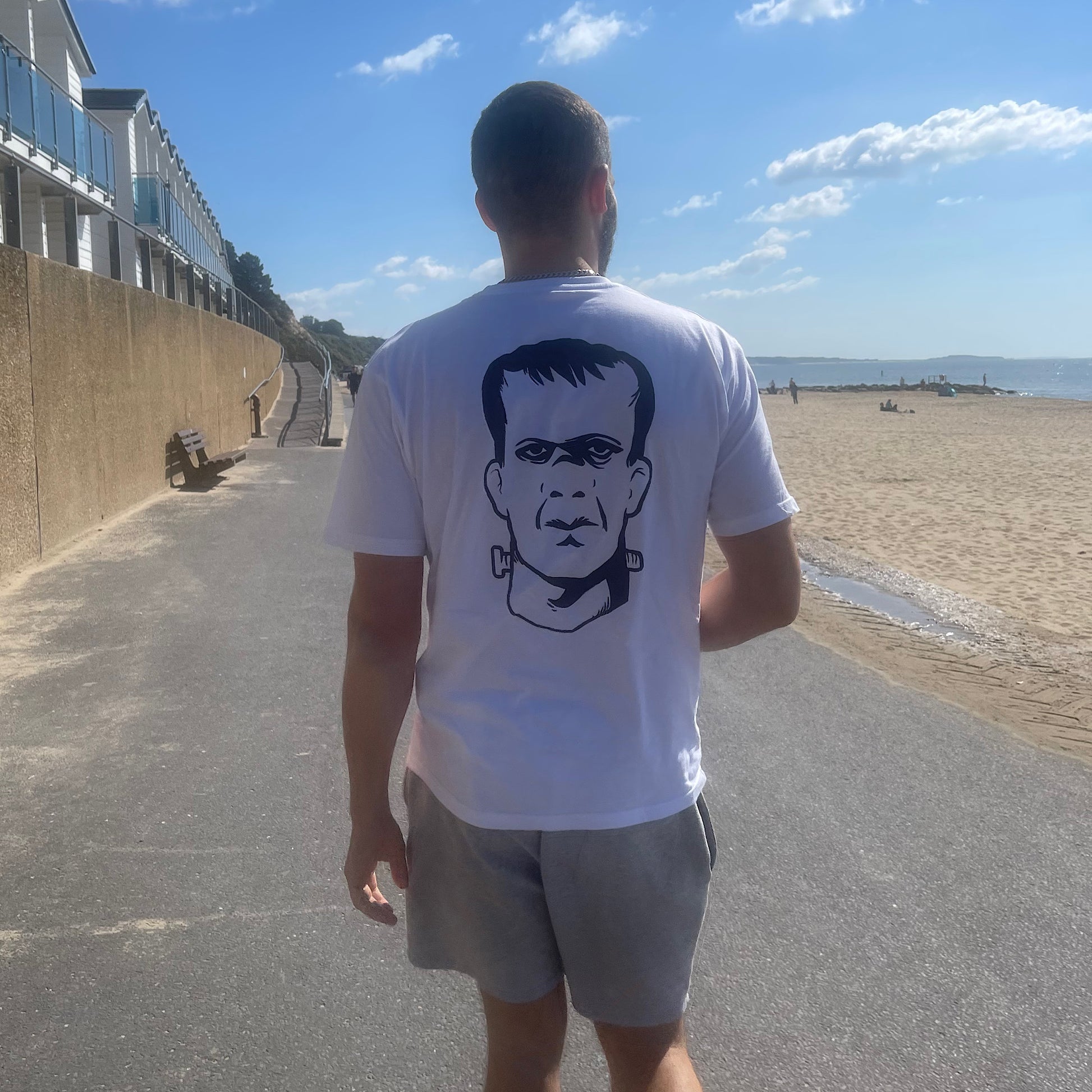 THS Fight Gear THS Logo 100% cotton T-shirt white Frankenstein face back modelled