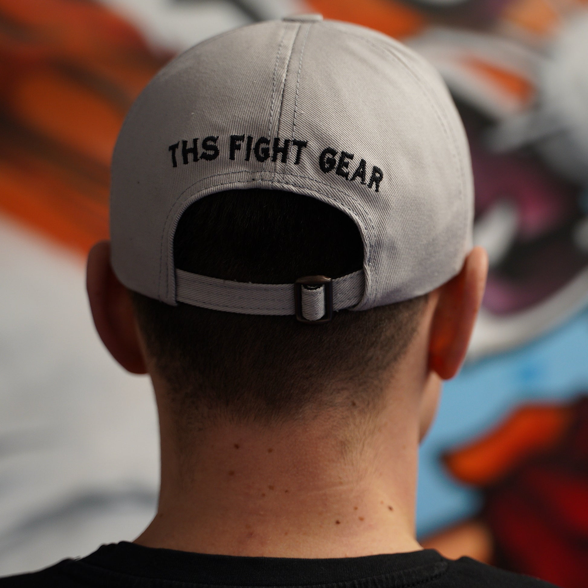 THS Fight gear THS logo grey baseball cap hat canvas rear modelled view