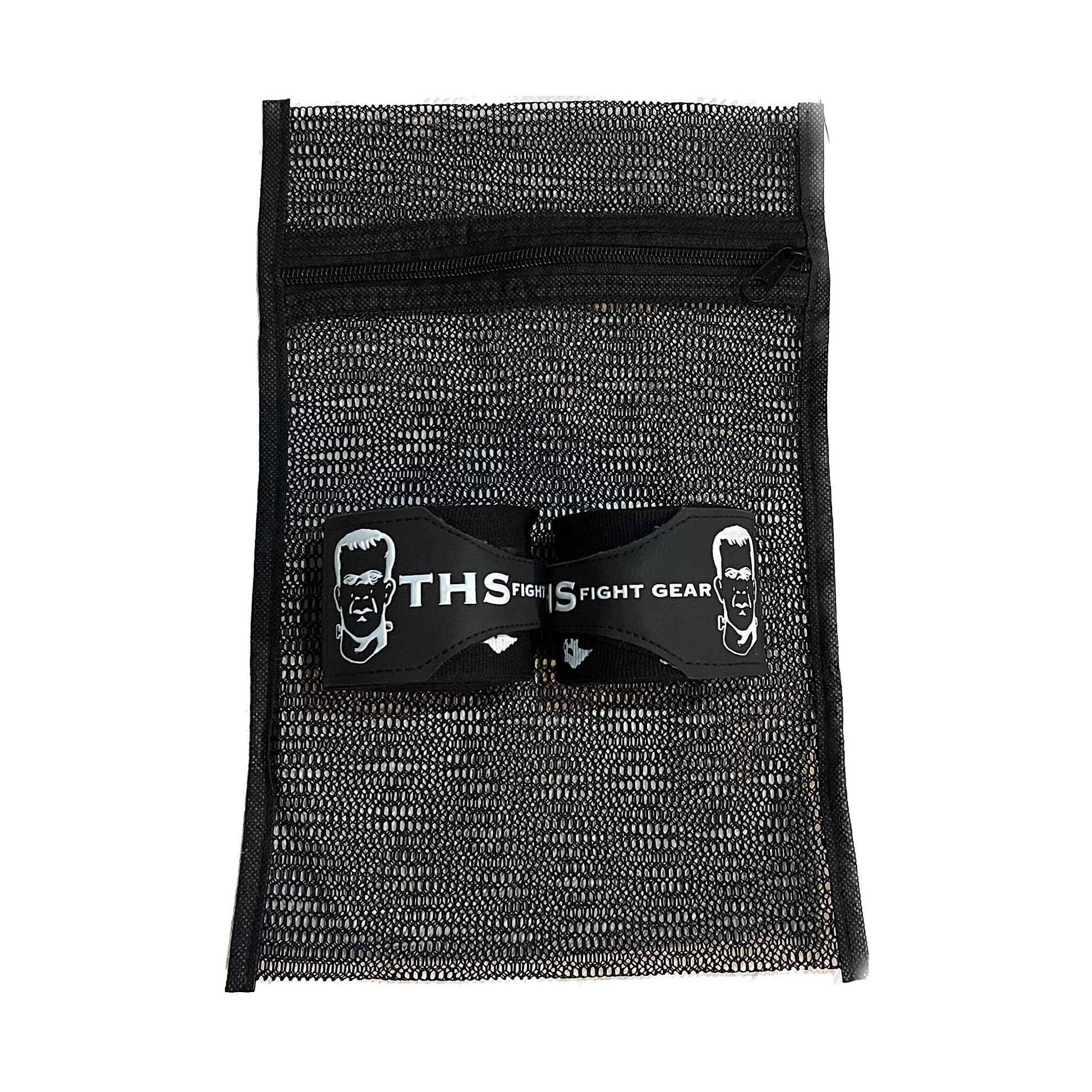 THS Fight Gear black with ghosts hand wraps two wraps rolled with mesh wash bag front view display