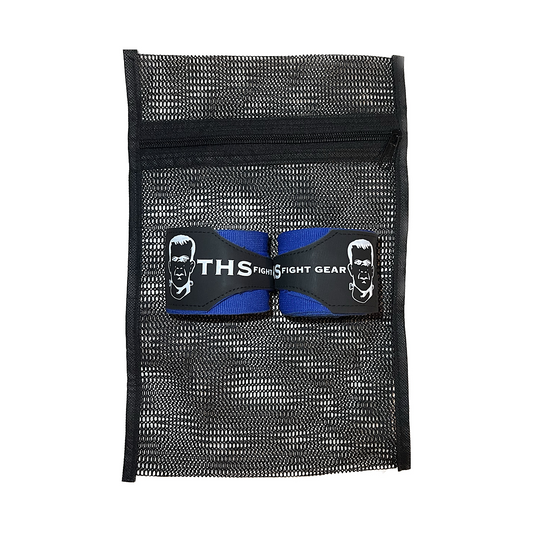 THS Fight Gear blue hand wraps rolled with mesh wash bag to stop tangling