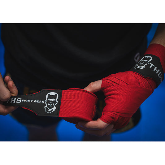 THS Fight Gear red hand wraps one half rolled modelled