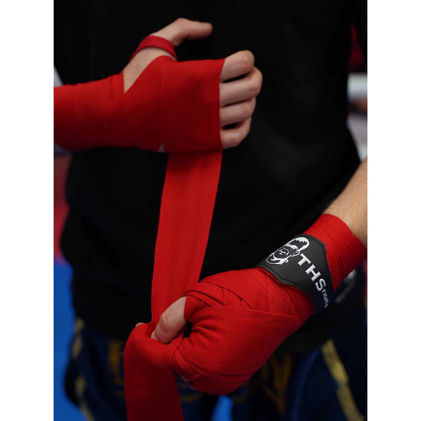 THS Fight Gear red hand wraps wrapping hands front view modelled