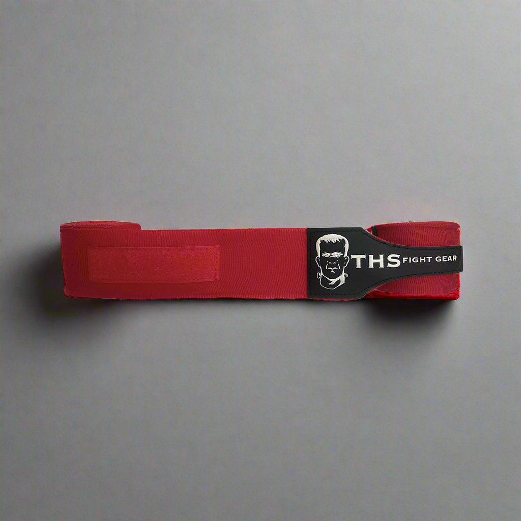 THS Fight Gear red hand wraps one half rolled front view display