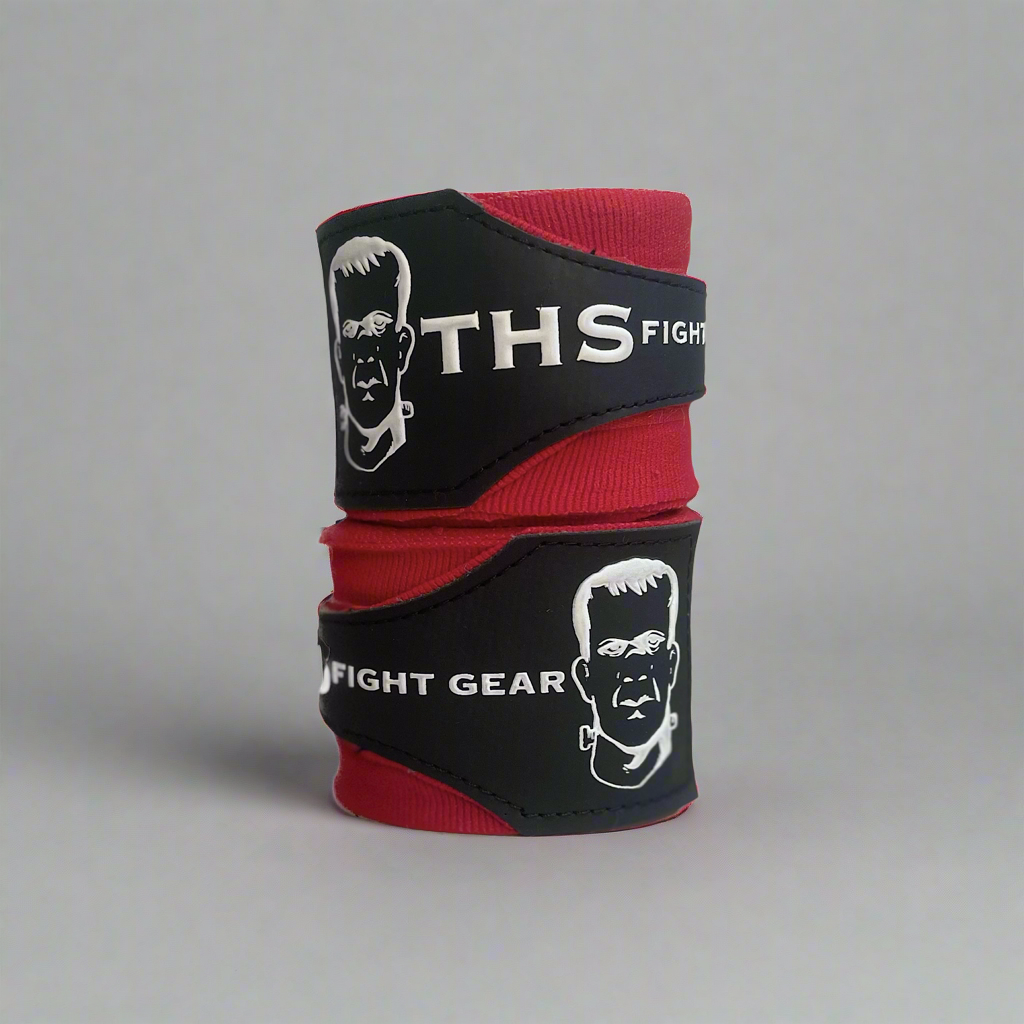 THS Fight Gear red hand wraps two wraps stacked rolled display