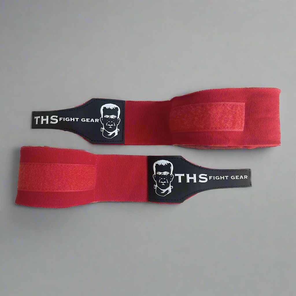 THS Fight Gear red hand wraps two wraps half rolled display