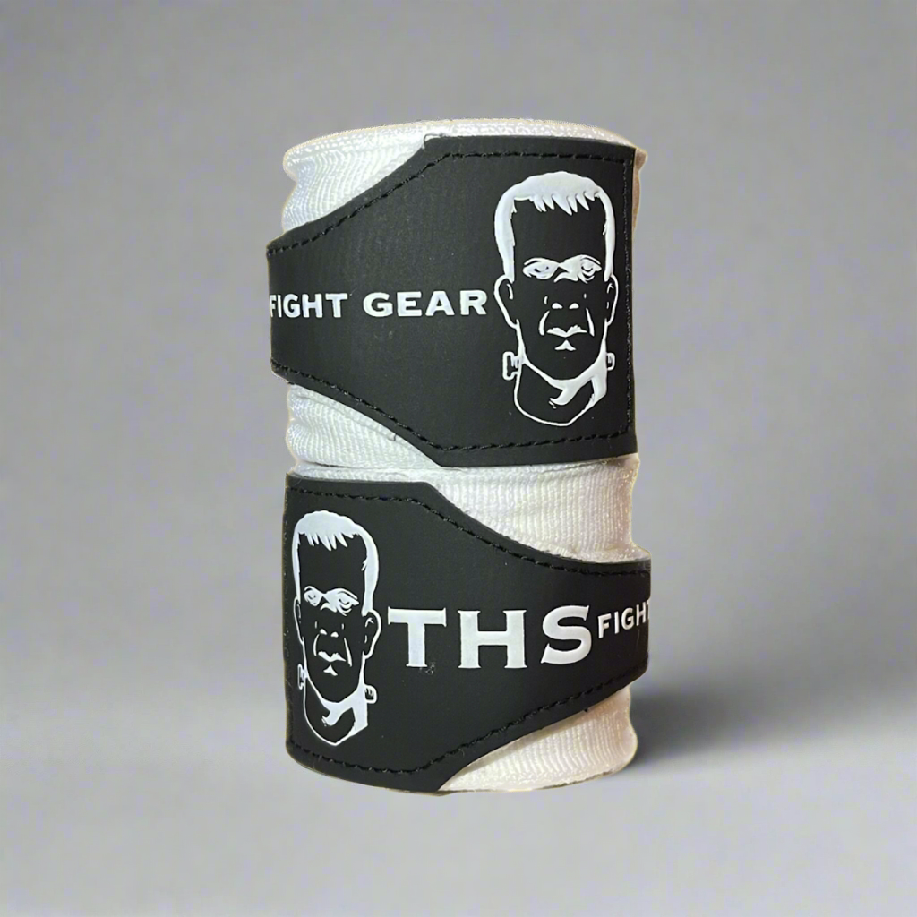 THS Fight Gear white hand wraps rolled wraps stacked front view display