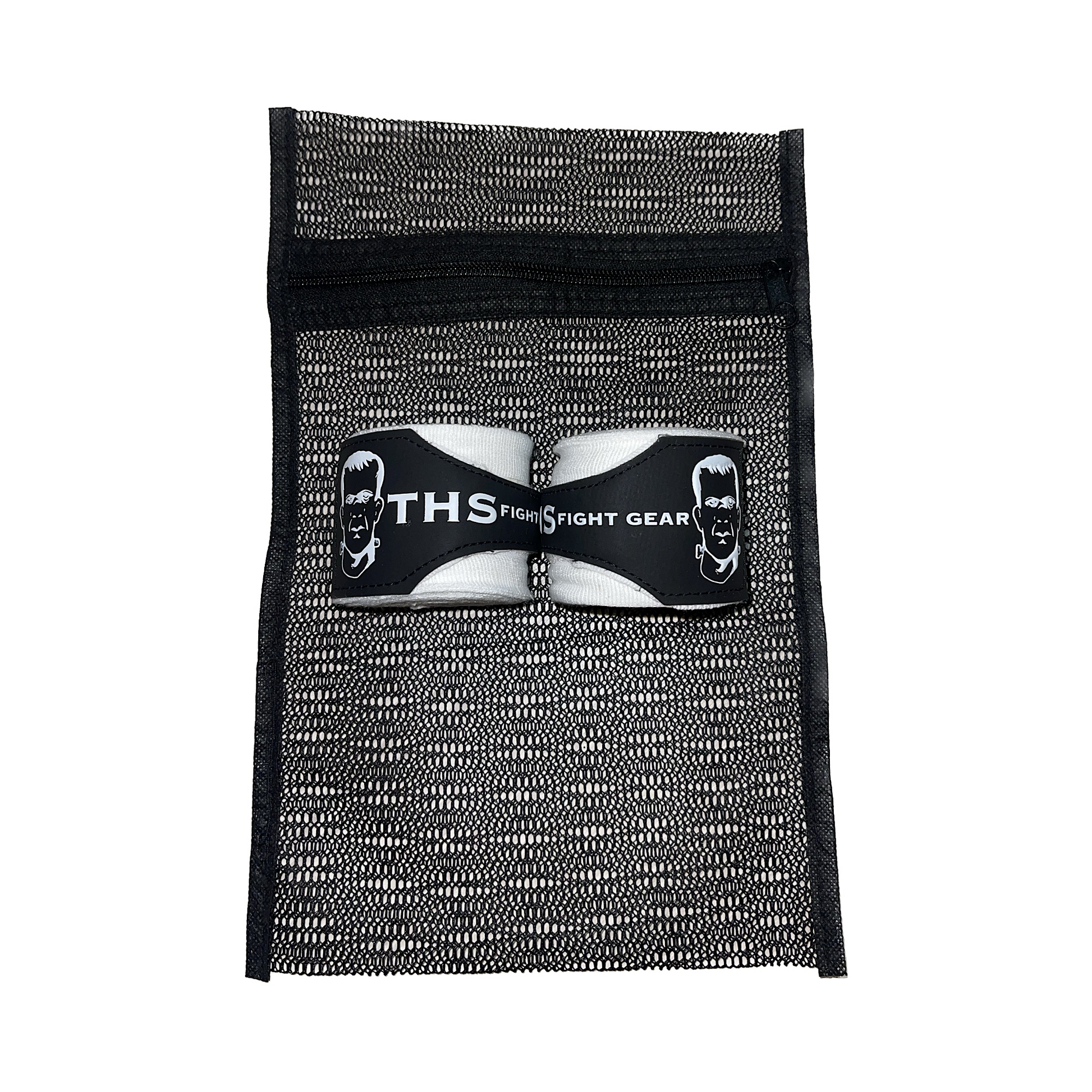 THS Fight Gear white hand wraps two wraps with mesh wash bag front view display
