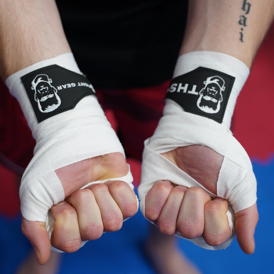 THS Fight Gear white hand wraps wrapped hands under view modelled