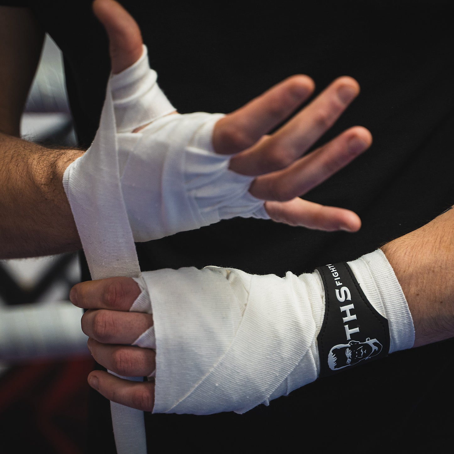 THS Fight Gear white hand wraps wrapping hands front view modelled