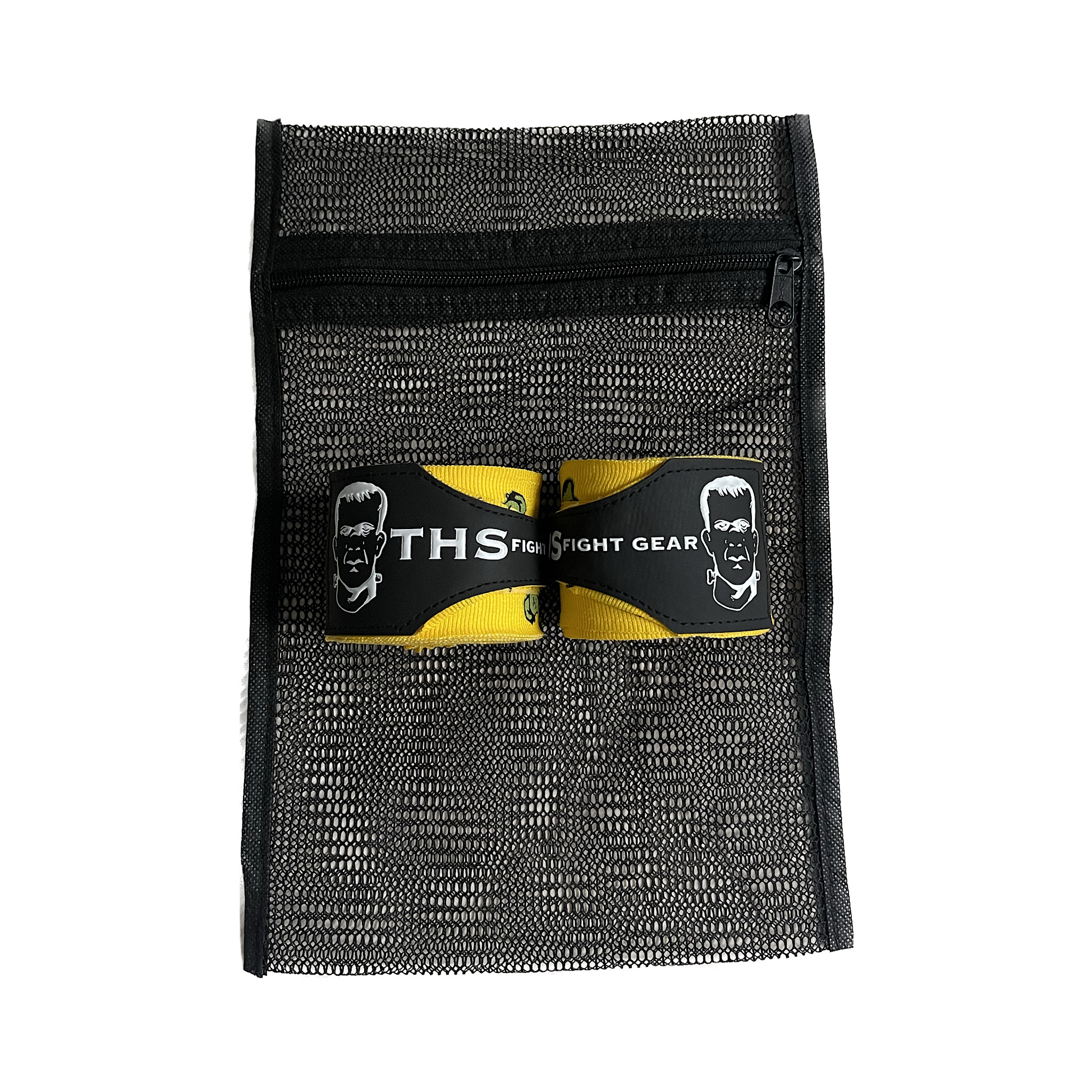 THS Fight Gear yellow with Frankenstein monster hand wraps two wraps rolled with mesh wash bag front view display