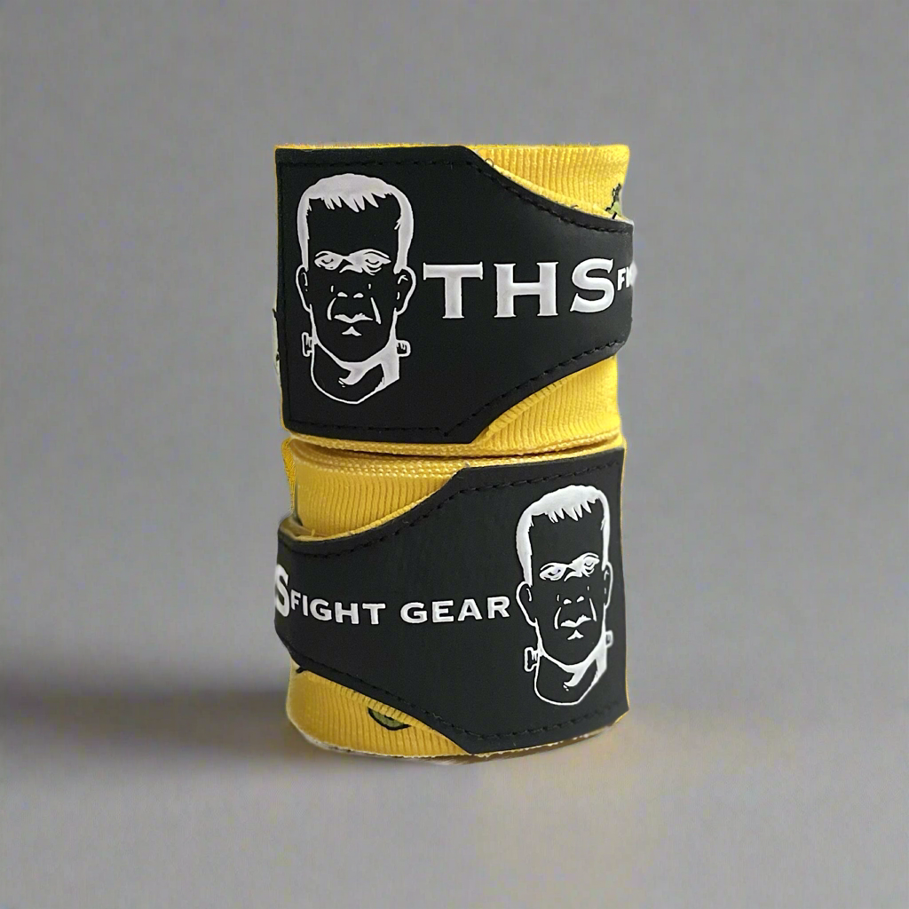 THS Fight Gear yellow with Frankenstein monster hand wraps two wraps rolled stacked front view display