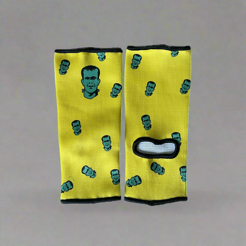 THS Fight Gear Muay Thai ankle supports yellow with Frankenstein monster 