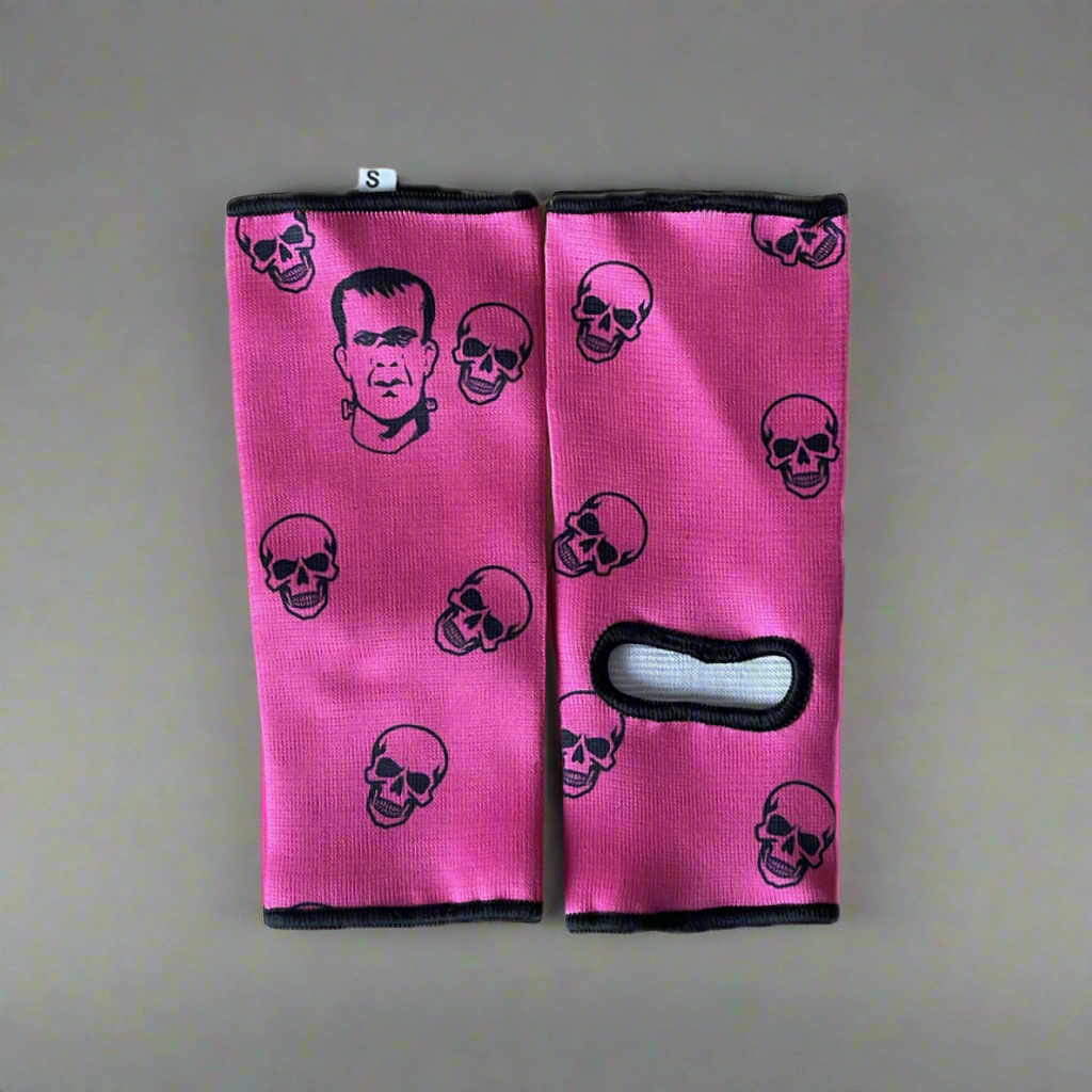 THS Fight Gear Muay Thai ankle supports pink with skulls grey background 