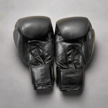 THS Fight Gear Muay Thai boxing gloves black full real leather front view