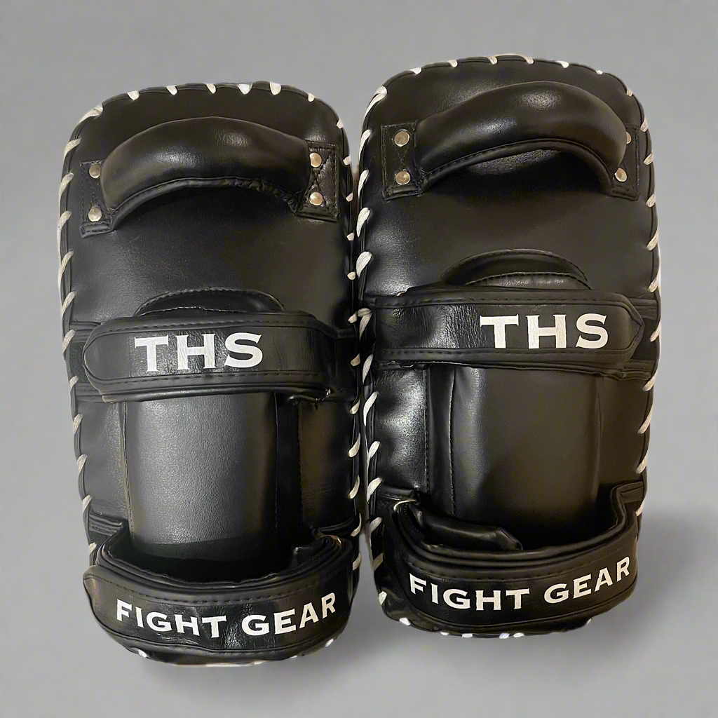 THS Fight Gear Thai kick pads with wrist cushion black full leather rear view