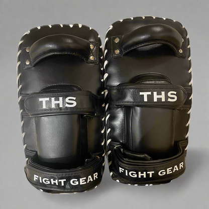 THS Fight Gear Thai kick pads with wrist cushion black full leather rear view