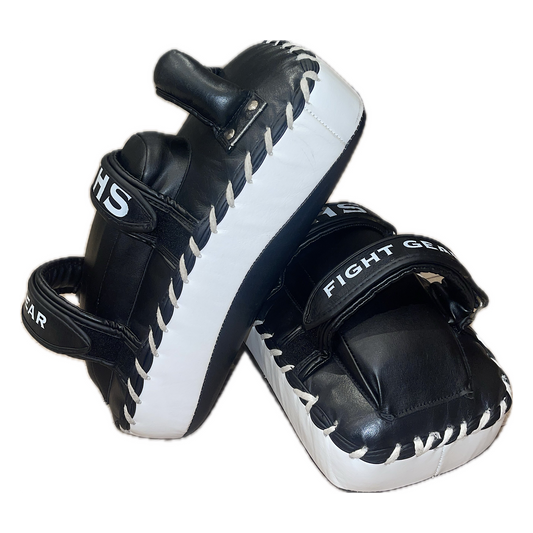 THS Fight Gear Thai kick pads with wrist cushion black full leather side duo view