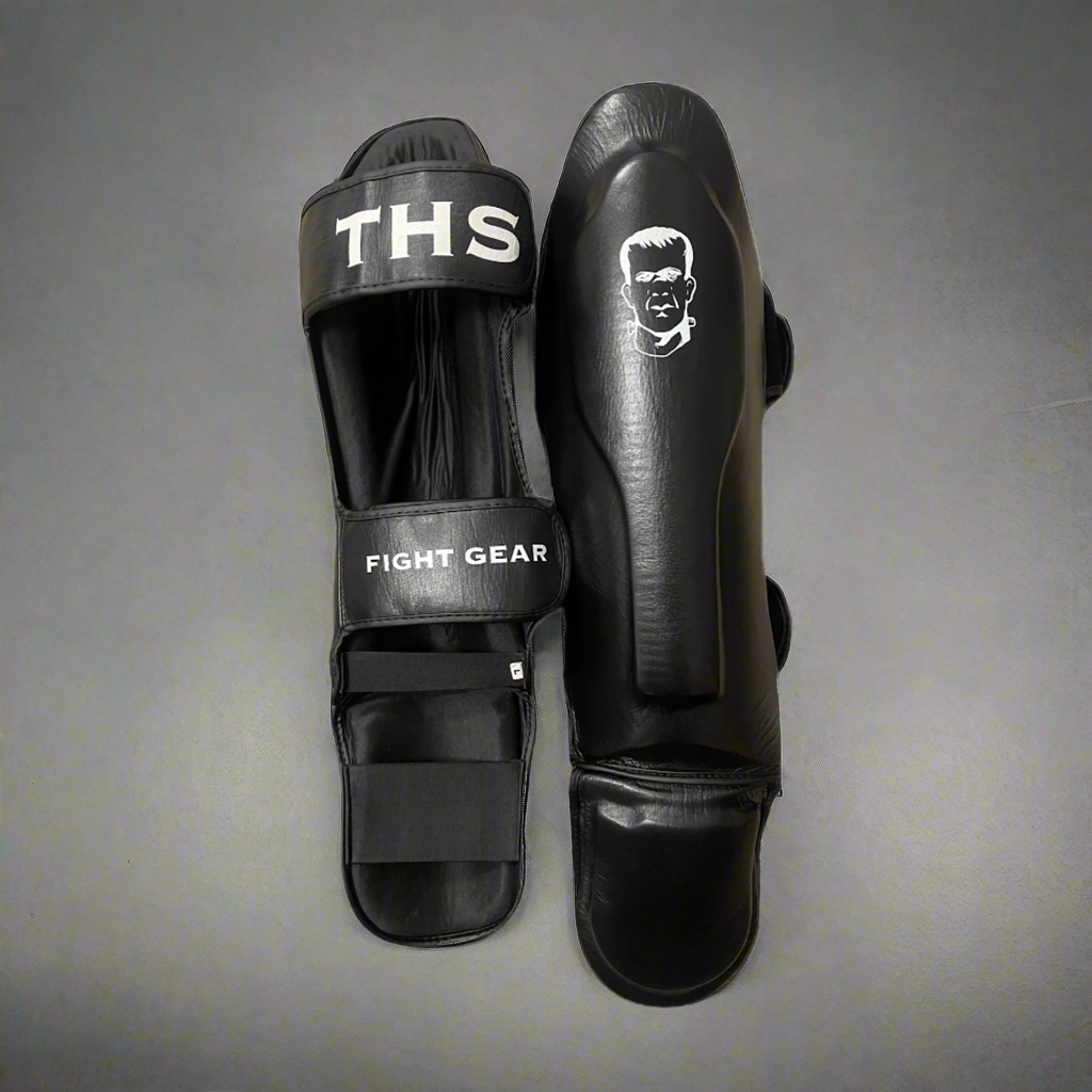 THS Fight Gear Muay Thai Shin Guards Black Full Real Leather Alternate View