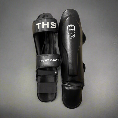 THS Fight Gear Muay Thai Shin Guards Black Full Real Leather Alternate View
