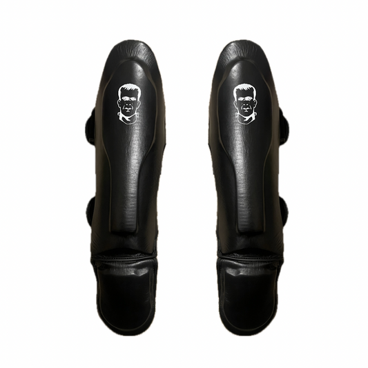 THS Fight Gear Muay Thai Shin Guards Black Full Real Leather Front View