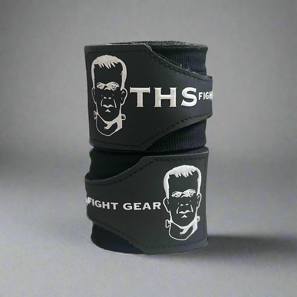 THS Fight Gear black hand wraps two wraps rolled stacked front view display