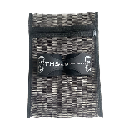 THS Fight Gear black hand wraps two wraps rolled with mesh wash bag front view display