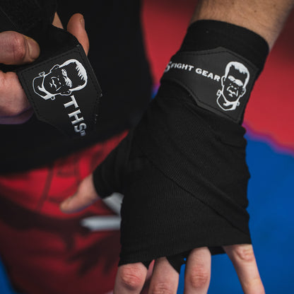 THS Fight Gear black hand wraps wrapped hands top view modelled
