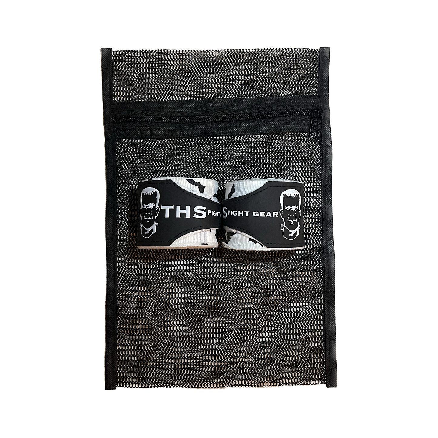 THS Fight Gear white with bats hand wraps two wraps rolled with mesh wash bag front view display