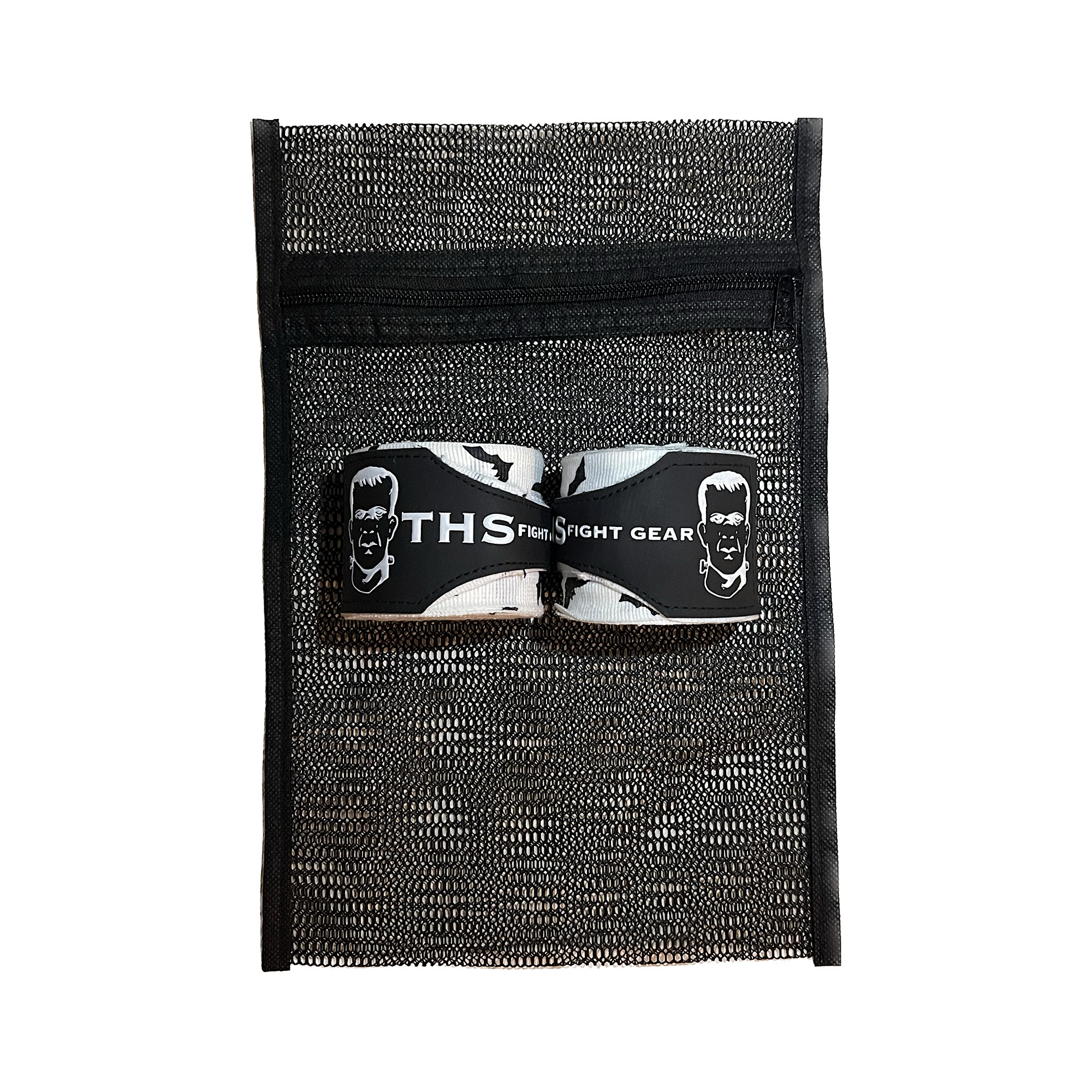 THS Fight Gear white with bats hand wraps two wraps rolled with mesh wash bag front view display