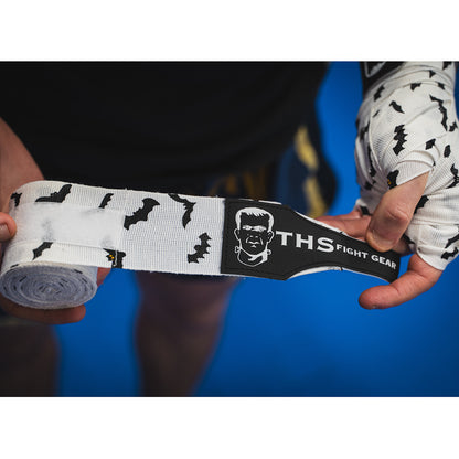 THS Fight Gear white with bats hand wraps one wrap half rolled front view modelled