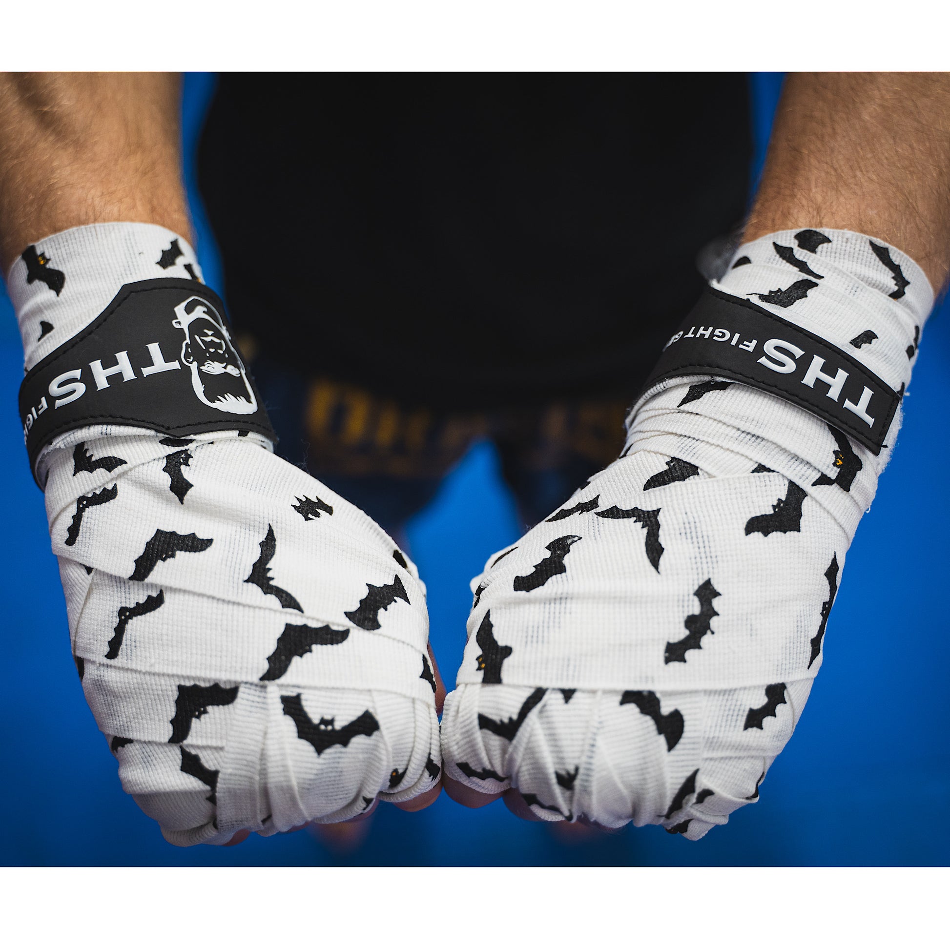 THS Fight Gear white with bats hand wraps wrapped hands top view modelled