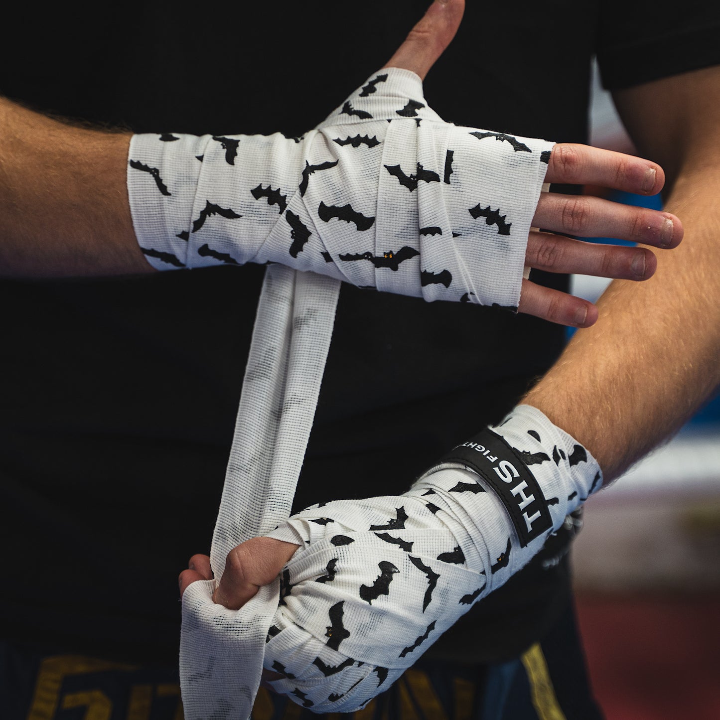 THS Fight Gear white with bats hand wraps wrapping hands front view modelled